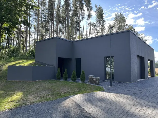 Tumehall kuubikujuline eramu metsa ääres